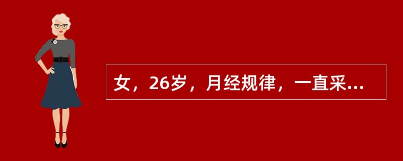 女，26岁，月经规律，一直采用复方短效口服避孕药1号避孕，此次月经周期第18天开