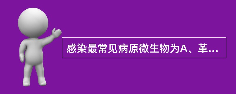 感染最常见病原微生物为A、革兰阴性菌B、革兰阳性菌C、革兰阴性菌与革兰阳性菌D、