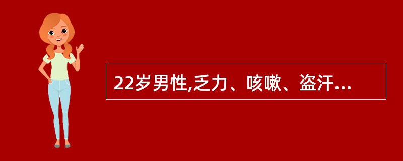 22岁男性,乏力、咳嗽、盗汗、低热2月余,近1周来有咯血及痰中带血。查体:心肺未