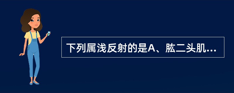 下列属浅反射的是A、肱二头肌反射B、肱三头肌反射C、膝反射D、跖反射E、桡骨骨膜