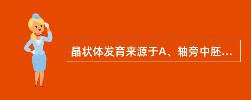 晶状体发育来源于A、轴旁中胚层B、表面外胚层C、脏壁中胚层D、内胚层E、神经外胚