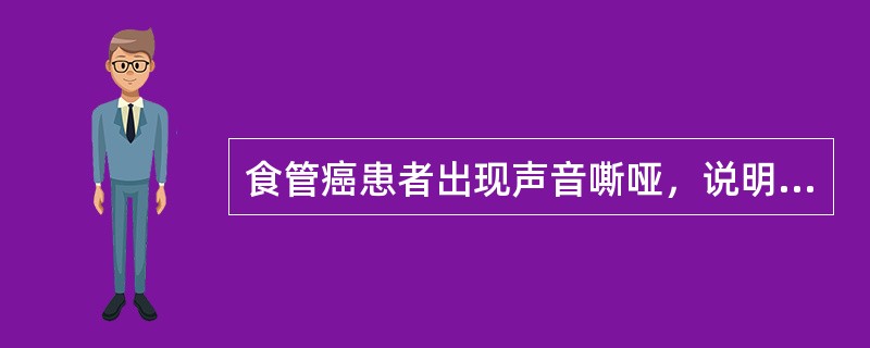 食管癌患者出现声音嘶哑，说明肿瘤已侵及A、迷走神经B、声带C、气管隆嵴D、喉返神