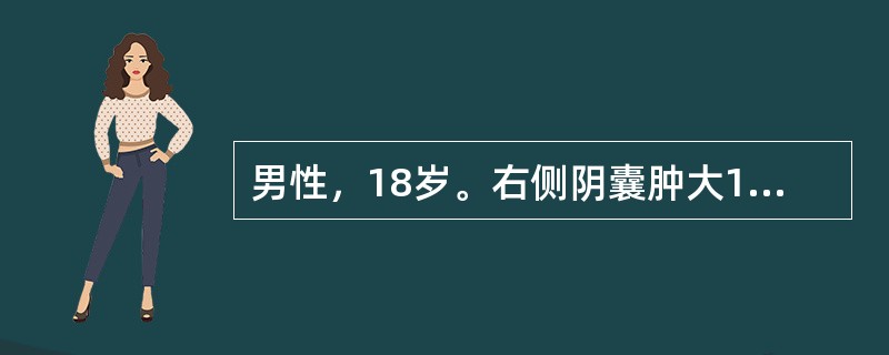 男性，18岁。右侧阴囊肿大1年，肿块大小无变化，无明显疼痛。查体：右侧阴囊肿大，