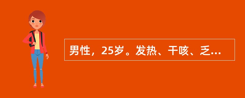 男性，25岁。发热、干咳、乏力3周。6天来胸痛伴气促。胸部X线检查，右侧中等量胸