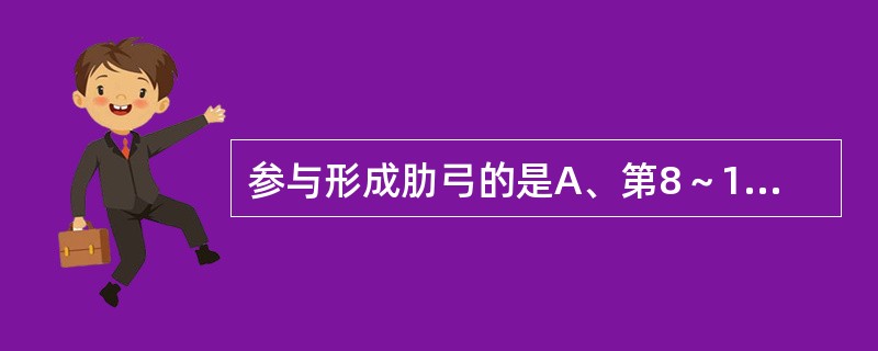 参与形成肋弓的是A、第8～10对肋骨的前端B、第8～11对肋骨的前端C、第9～1