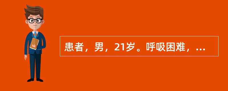 患者，男，21岁。呼吸困难，咳嗽，汗出1小时而就诊。端坐呼吸，呼吸急促，口唇微绀