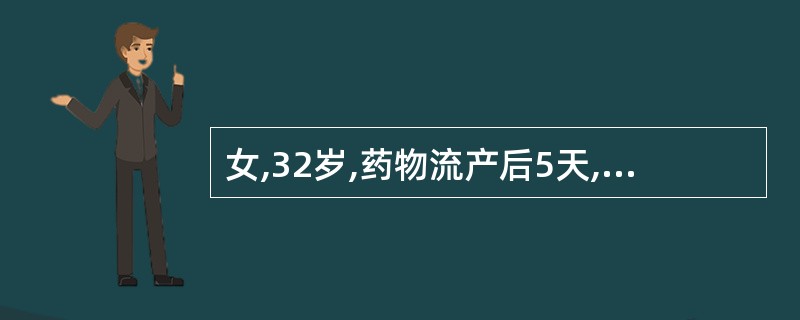 女,32岁,药物流产后5天,高热伴右下腹痛2天。妇检:白带脓性,宫颈举痛,宫体如