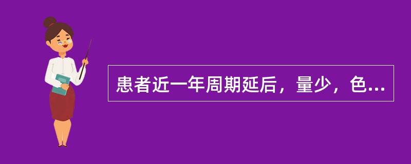 患者近一年周期延后，量少，色黯淡，质清稀，带下清稀，腰膝酸软，头晕耳鸣，面色晦暗