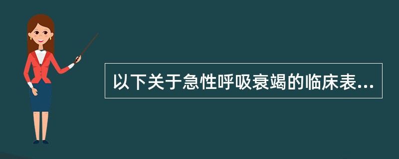 以下关于急性呼吸衰竭的临床表现最贴切的是A、低氧血症、高碳酸血症B、呼吸系统表现