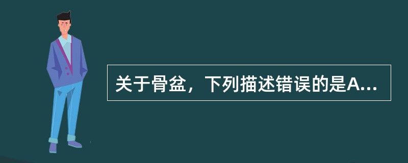 关于骨盆，下列描述错误的是A、由髂骨、坐骨、耻骨借关节和韧带连结而成B、骨盆借环