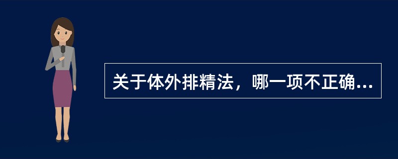 关于体外排精法，哪一项不正确A、方法的生物学基础是射精前的紧迫感B、适用于避孕动