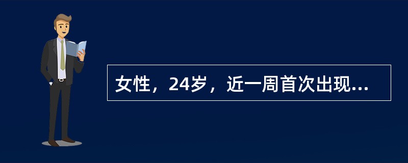 女性，24岁，近一周首次出现阴道分泌物增多伴尿频。查体：宫颈口见黏液脓性分泌物，