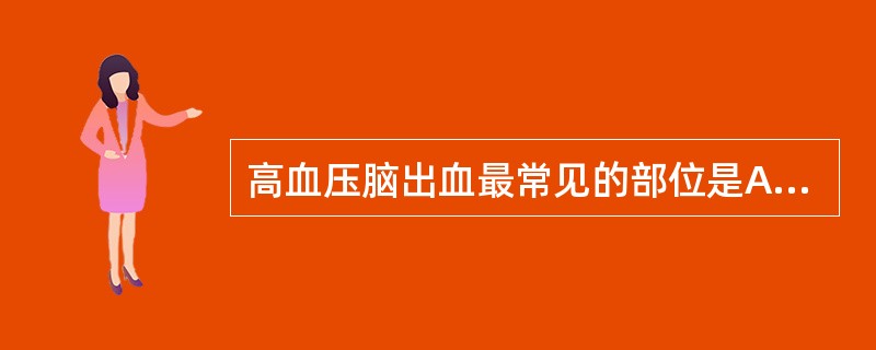 高血压脑出血最常见的部位是A、壳核出血B、丘脑出血C、脑桥出血D、脑叶出血E、小