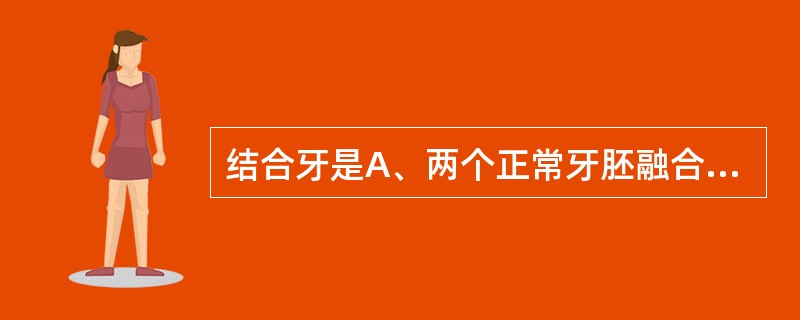 结合牙是A、两个正常牙胚融合而成的牙B、有一个共同的牙根和根管C、两个牙的牙根发