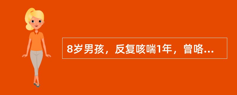 8岁男孩，反复咳喘1年，曾咯血2次，按肺炎治疗。查体：面色苍白，体温37．5℃，