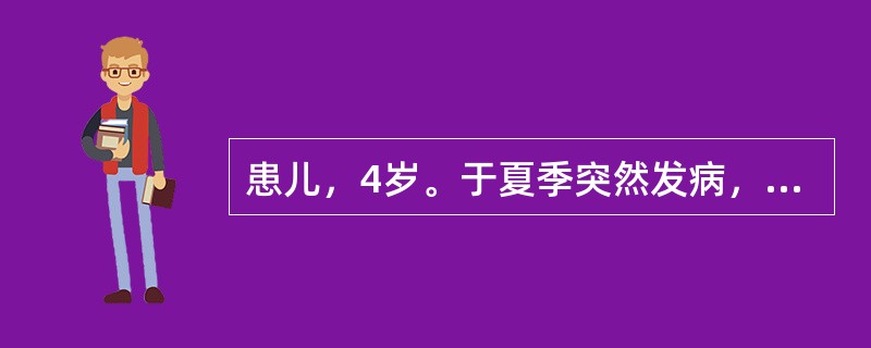 患儿，4岁。于夏季突然发病，高热4h，体温39．5℃，惊厥3次，无呕吐、腹泻，血