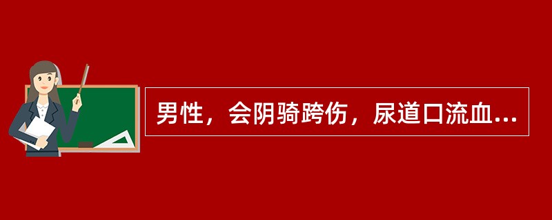 男性，会阴骑跨伤，尿道口流血，不能排尿，会阴部皮下有淤血斑，阴囊、阴茎肿胀。下列