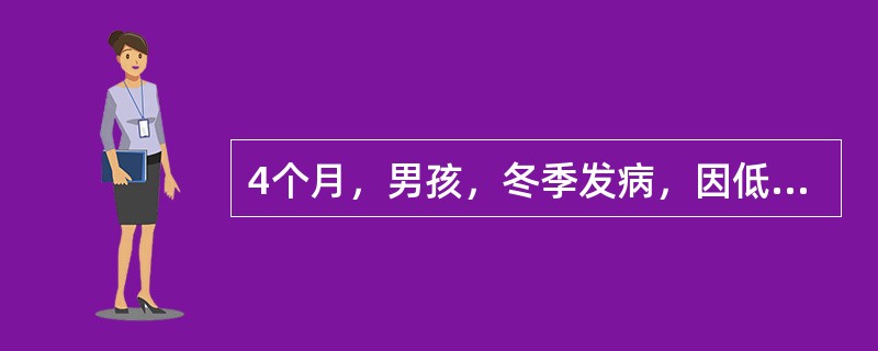 4个月，男孩，冬季发病，因低热、咳嗽、喘憋2天入院，精神、食欲可，既往无喘息史。