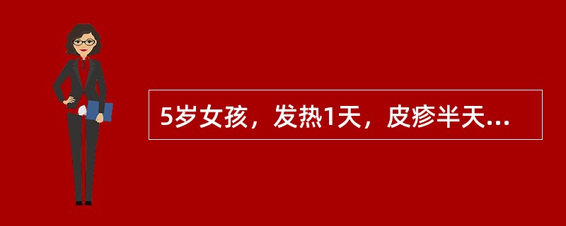 5岁女孩，发热1天，皮疹半天，呕吐2次，伴咽部疼痛。查体：T39℃，扁桃体有较多