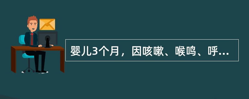 婴儿3个月，因咳嗽、喉鸣、呼吸困难4d而来院。患儿4d前有低热，T37℃～38℃