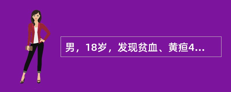 男，18岁，发现贫血、黄疸4年。脾肋下3cm．质中。血红蛋白85g/L，网织红细