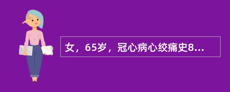 女，65岁，冠心病心绞痛史8年，无高血压史，夜间突发心前区疼痛8小时入院。入院时