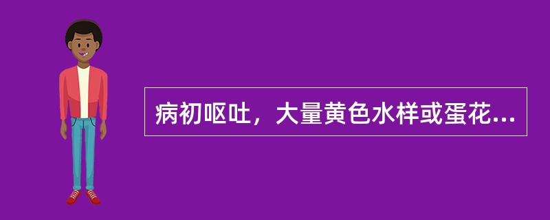 病初呕吐，大量黄色水样或蛋花汤样便，少量黏液无脓血（）