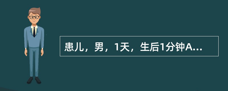 患儿，男，1天，生后1分钟Apgar评分5分。查体：易激惹，心率150次／min