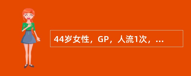 44岁女性，GP，人流1次，月经量多2年，有大血块，伴贫血。查体：子宫中位，如孕