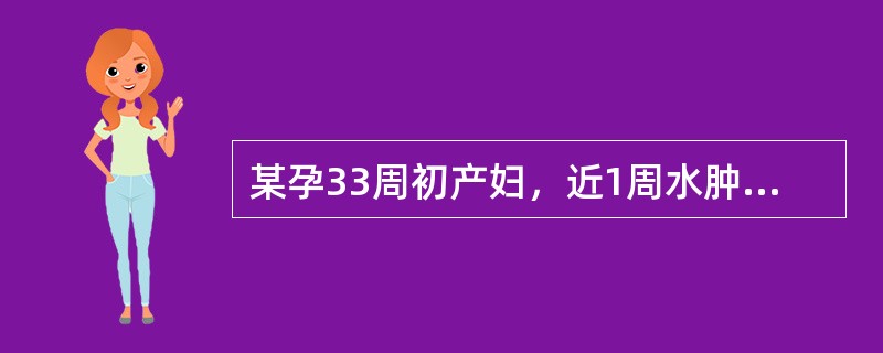 某孕33周初产妇，近1周水肿加剧，尿量减少，并有头痛、眼花等症状，不能平卧。查体