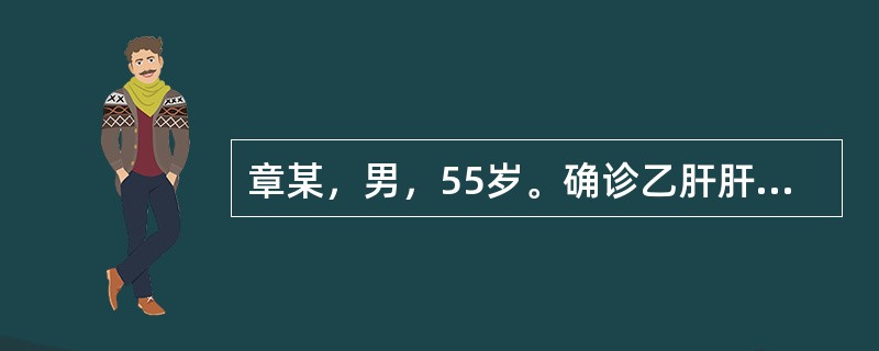 章某，男，55岁。确诊乙肝肝硬化8年，身体评估：胸前蜘蛛痣（+），肝掌（+）。病