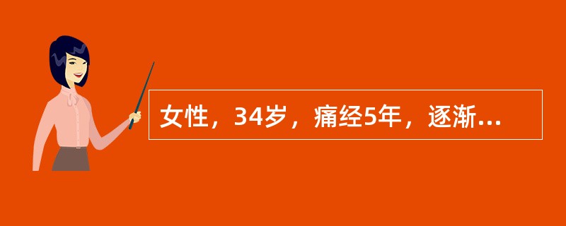 女性，34岁，痛经5年，逐渐加重就诊，孕，产1，5年前人工流产1次，以后不孕。触