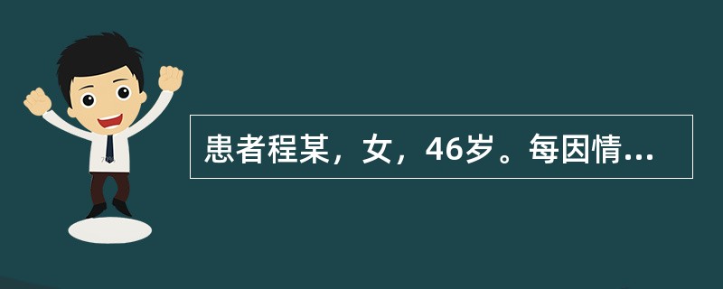 患者程某，女，46岁。每因情志恼怒时即自觉右胁部胀痛明显，胸闷气短，嗳气频作，苔