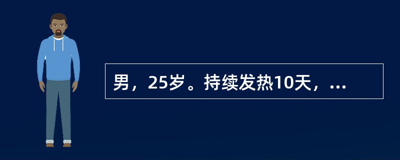 男，25岁。持续发热10天，开始为38℃左右，5天后持续高热39～40℃，伴腹胀