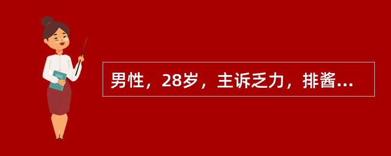 男性，28岁，主诉乏力，排酱油色尿，伴贫血。体检：皮肤黏膜和巩膜轻度黄染，肝脾肋