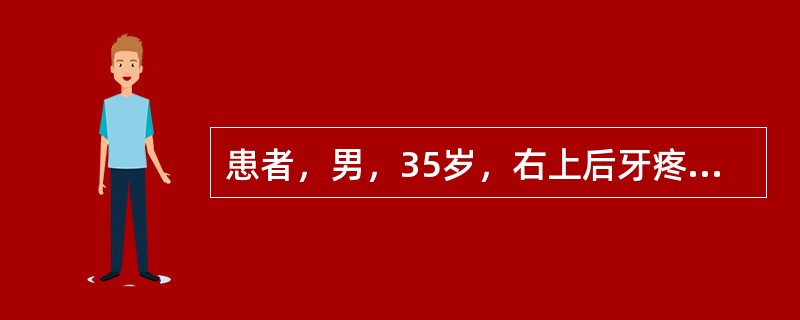 患者，男，35岁，右上后牙疼痛3天，冷热刺激疼痛加重。检查：右上第一、第二磨牙叩