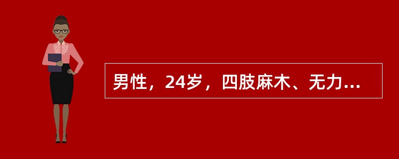 男性，24岁，四肢麻木、无力、酸痛，伴吞咽、发音困难15小时。排尿无障碍。检查：