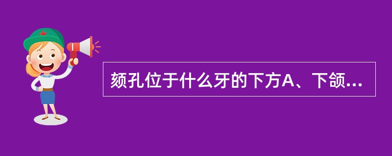 颏孔位于什么牙的下方A、下颌第一双尖牙B、下颌第二双尖牙及第一磨牙C、下颌第二双