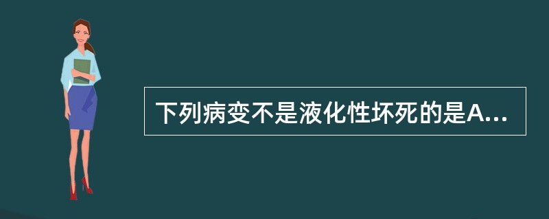 下列病变不是液化性坏死的是A、肾梗死B、脑梗死C、胰腺坏死D、脂肪坏死E、脓肿