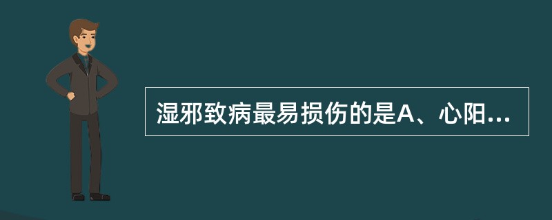 湿邪致病最易损伤的是A、心阳B、肺阳C、脾阳D、肝阳E、肾阳