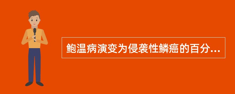 鲍温病演变为侵袭性鳞癌的百分率约为A、1%B、5%C、10%D、15%E、20%