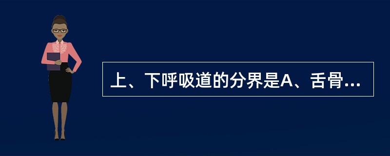 上、下呼吸道的分界是A、舌骨下缘B、会厌下缘C、甲状软骨下缘D、环状软骨下缘E、
