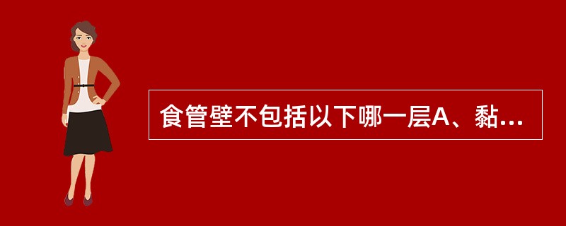 食管壁不包括以下哪一层A、黏膜层B、黏膜下层C、肌层D、纤维层E、浆膜层