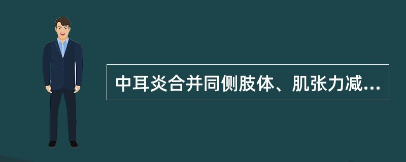 中耳炎合并同侧肢体、肌张力减弱或消失、共济失调及指鼻试验阳性最常见于A、耳源性颞