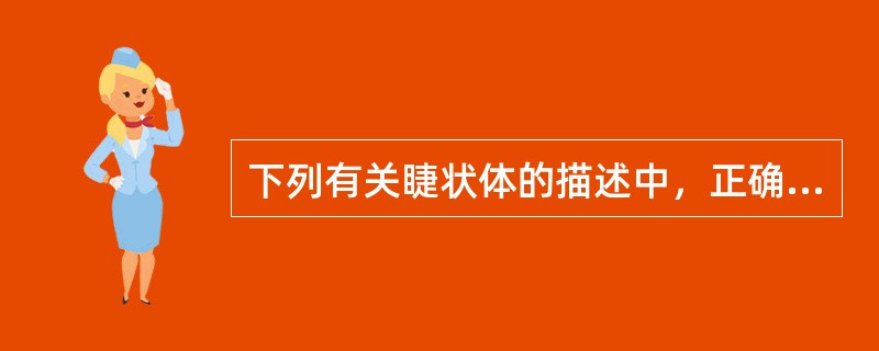 下列有关睫状体的描述中，正确的是A、睫状突环绕1周有10多条B、睫状体后1／3较