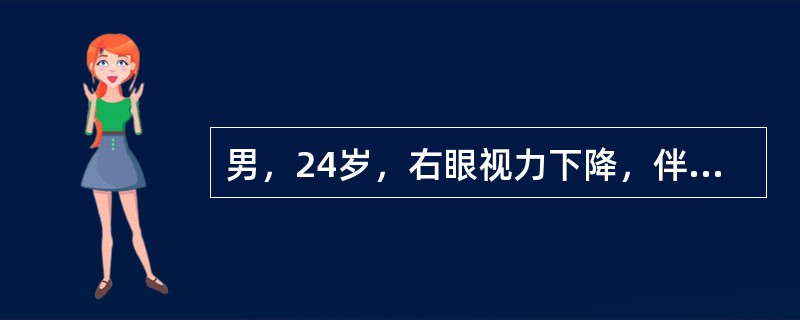 男，24岁，右眼视力下降，伴虹视1天。检查：右眼视力0.8，右眼眼压50mmHg