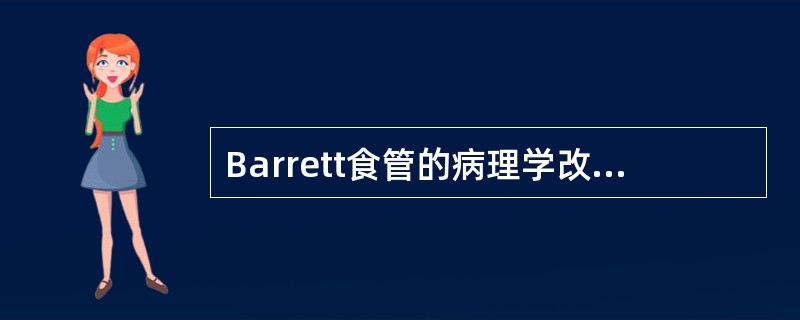 Barrett食管的病理学改变是A、鳞状上皮过度增生B、鳞状上皮柱状化生C、柱状