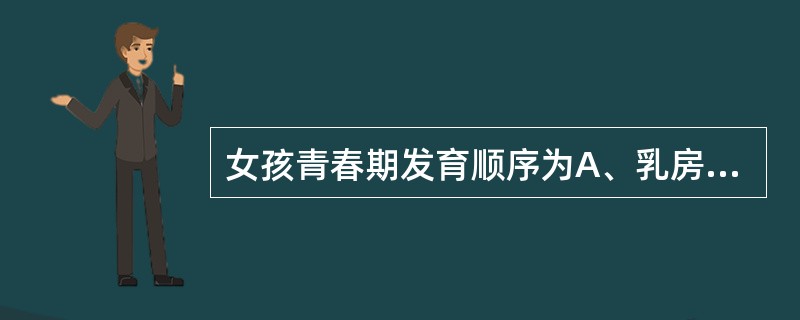 女孩青春期发育顺序为A、乳房发育－腋毛－阴毛－月经－外生殖器改变B、乳房发育－阴