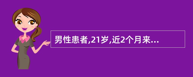 男性患者,21岁,近2个月来咳嗽,痰中带血丝,午后手心足底发热,盗汗、心悸,X线