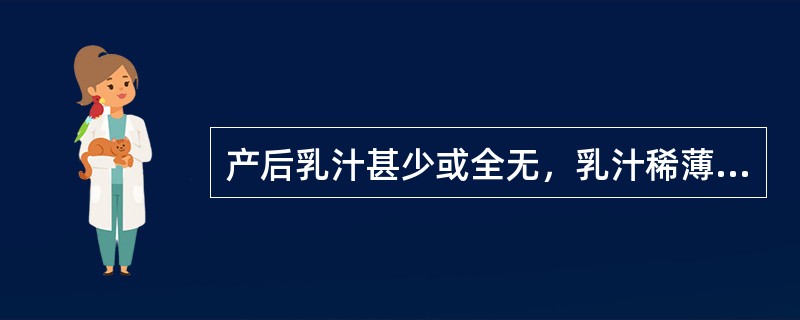 产后乳汁甚少或全无，乳汁稀薄，乳房柔软无胀感，面色少华，倦怠乏力，舌质淡，苔白，